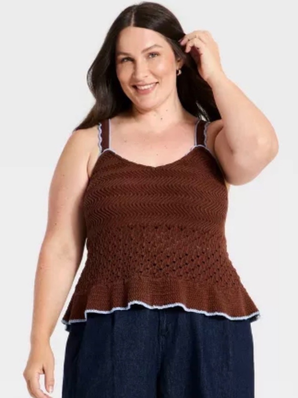 A New Day Women's Openwork Scalloped Trim Sweater Tank Top Brown XL NWT